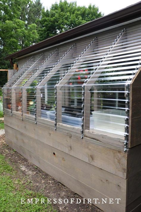 How to Build a Lean-to Greenhouse (Step by Step) | Empress of Dirt Diy Greenhouse Attached To House, Front Porch Greenhouse, Green House Plans Diy How To Build, Greenhouse Lean To, Garage With Greenhouse, Greenhouse Building Plans, Lean To Green House, Leanto Greenhouse, Cute Green House