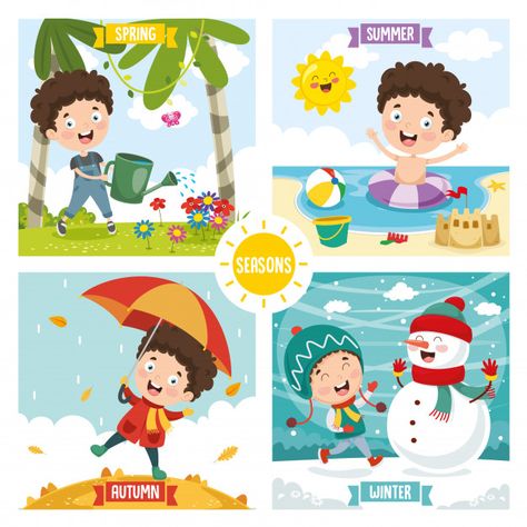 Illustration of kid and four seasons Pre... | Premium Vector #Freepik #vector #calendar #birthday #winter #happy-birthday Seasons Pictures, Seasons Preschool, Calendar Birthday, Postcard Template, Different Seasons, Seasons Of The Year, Children Illustration, School Activities, Drawing For Kids