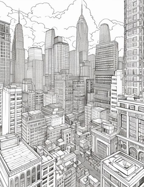 Discover your next coloring adventure! Click the link above to explore a world of coloring pages and let your creativity shine! 😊😗 Black And White Building Aesthetic, City Landscape Drawing, New York Sketch, City Outline, Black And White Building, Cityscape Drawing, Marvel Coloring, Building Aesthetic, Detailed Coloring Pages