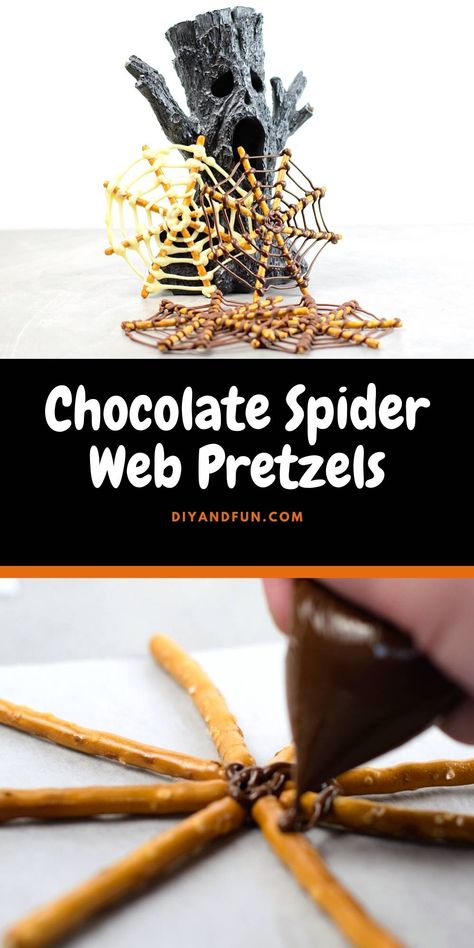 Chocolate Spider Web Pretzels, A simple Halloween Inspired recipe idea for making spider webs using chocolate and pretzels. Chocolate Pretzels Halloween, Edible Spider Web, Pretzel Spider Webs, Oreo Spider Cookies, Chocolate Spider Web, Chocolate And Pretzels, Spider Food, Spider Web Cookies, Spider Treats