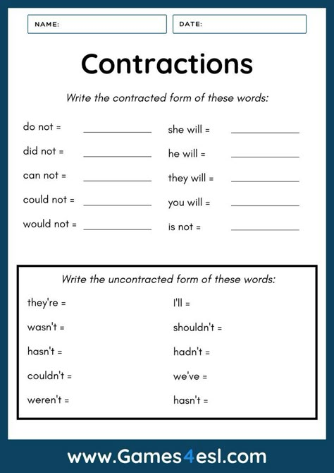 Contractions First Grade, Learn Sign Language Free, Teaching Contractions, Contractions Worksheet, Second Grade Worksheets, Esl Worksheets For Beginners, Easy Math Worksheets, Free Printable Alphabet Worksheets, First Grade Reading Comprehension