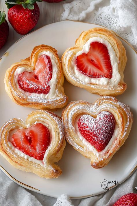 Vegan Strawberry Cream Danish Heart Puff Pastry Valentines Day, Puff Pastry Hearts Desserts, Heart Shaped Eclairs, Valentines Bread Ideas, Strawberry Danish Puff Pastries, Valentines Bakery Treats, Valentine’s Day Sourdough, Valentines Pastry, Strawberry Cream Cheese Puff Pastry