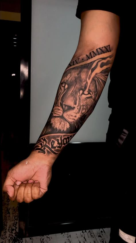 Forearm Lion Tattoo Men Ideas, Forearm Tattoos Men Sleeve, Lion Tattoo Design Forearm, Half Hand Tattoo Men, Lion Sleeve Tattoo Men Ideas, Best Half Sleeve Tattoos Men, Under Arm Tattoo Men, Half Arm Sleeve Tattoos Men, Tattoo Half Sleeves Men