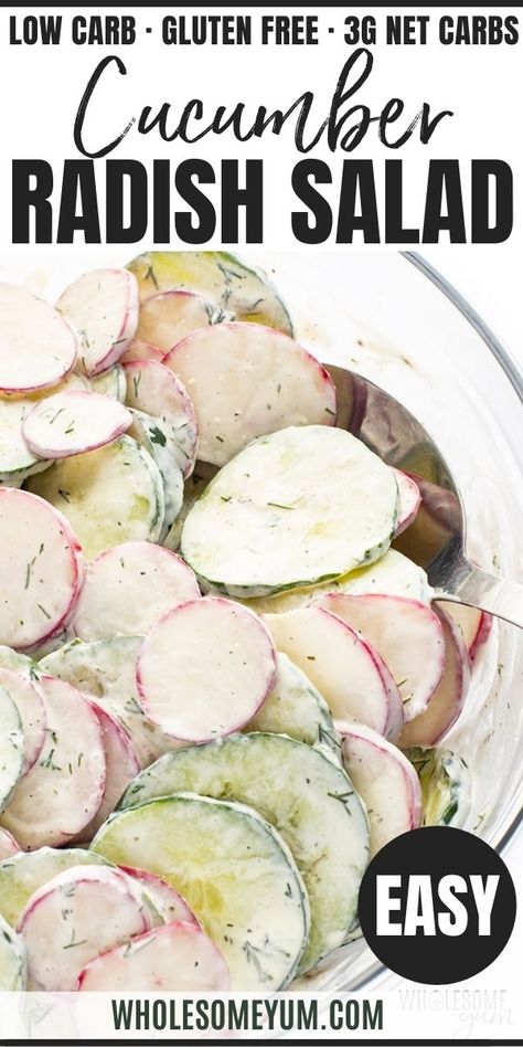 Cucumber And Radish Salad, Cucumbers Salad, Radish Salad Recipe, Cucumber Radish Salad, Keto Veggie Recipes, Radish Recipes, Creamy Cucumber Salad, Wholesome Yum, Radish Salad