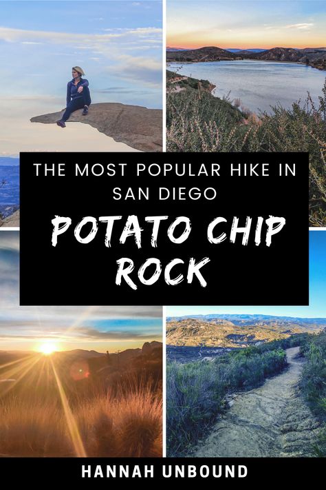 text stating the most popular hike in San Diego with four pictures behind, all of potato chip rock in poway san diego, california Potato Chip Hike San Diego, Potato Chip Rock San Diego, Potato Chip Rock, San Diego Hiking, Beautiful California, San Diego Travel, Potato Chip, One Picture, California Love