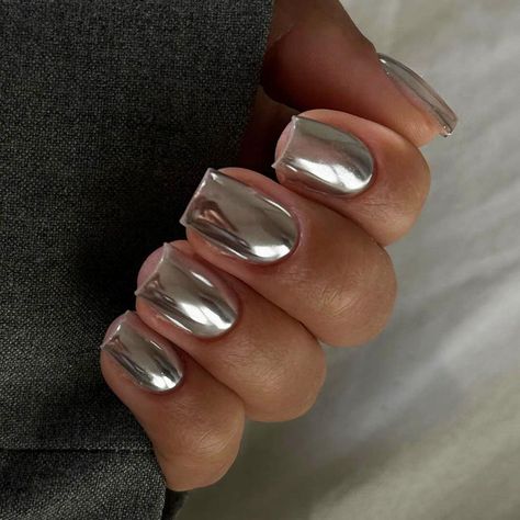 dark chrome nails, mob wife nails, mob wife nail trend, short chrome nails Nails Medium Length Square, Chrome Nails Silver, Nails Medium Length, Chrome Nails Designs, Press On Nails Medium, Mirror Nails, Simple Acrylic Nails, Short Square Acrylic Nails, Glue Tape