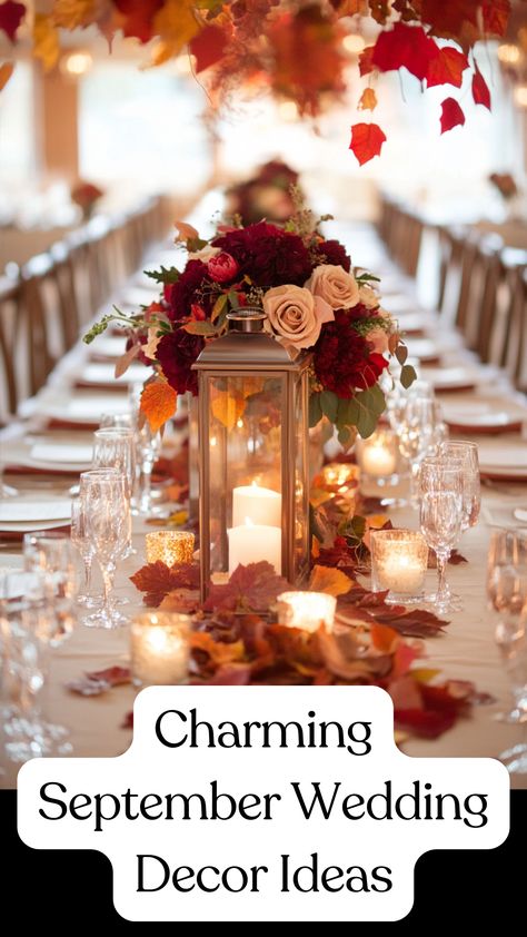 Elegant September wedding decor featuring warm autumn colors, rustic touches, and seasonal florals to create a cozy fall celebration. September Wedding Ideas Rustic, Fall Indoor Wedding Ideas, Early Fall Wedding Ideas, Autumn Wedding Ideas September, Rustic Fall Wedding Centerpieces Diy, Autumn Wedding Ideas November, Autumn Wedding Table Settings, September Wedding Inspiration, September Wedding Decor