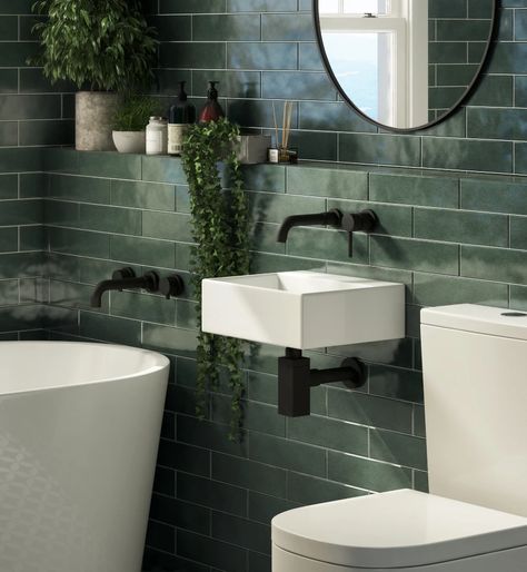 Dark Green Tile, Dark Green Bathrooms, Green Tile Bathroom, Modern Basin, Cloakroom Basin, Ceramic Basin, Wall Mounted Basins, Bathroom Suite, Upstairs Bathrooms