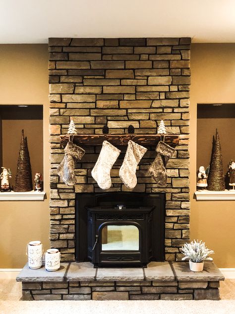 Pellet Stove Mantle Ideas, Pellet Stove With Stone Wall, Pellet Stove With Mantle, Pellet Stove Fireplace Inserts, Pellet Stove Insert Fireplaces, Pellet Stove In Basement, Pellet Stove Ideas Living Rooms, Pellet Stove Insert, Harth Ideas Pellet Stove