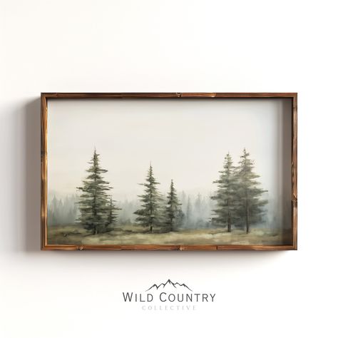 Bring home the timeless beauty of a vintage oil painting print showcasing muted evergreen pine trees in the forest. This pine forest painting offers a seamless blend of vintage charm and nature's simplicity.  "Muted Pines" vol.2 As a high-quality poster print it effortlessly brings the enduring allure of the wilderness into your home. Perfect for nature enthusiasts and vintage art connoisseurs, this captivating creation captures the essence of the serene woods, making it an ideal addition to you Framed Nature Wall Art, Woodsy Paintings, Appalachian Decor, Pine Tree Pictures, Painting Pine Trees, Vintage Cabin Decor, Pine Tree Painting, Cabin Wall Decor, Pine Tree Art