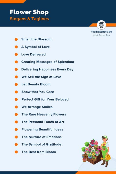 Flower Shop Slogans & Taglines Flower Bouquet Names, Florist Business Name Ideas, Gift Shop Names, Store Names Ideas, Flower Shop Interiors, Shop Name Ideas, Flower Shop Decor, Flower Shop Design, Business Slogans