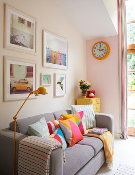 Wes Anderson Decor, Colorful House Decor, Bright Pillows, Grey Sofa, Pink Living Room, Colourful Living Room, Living Room Pillows, Trendy Home, A Living Room