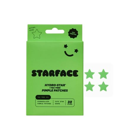 Your favorite hydrocolloid patches with an added plant-based extract: tea tree oil. Hydro-Star + Tea Tree is designed to help naturally balance and soothe skin while minimizing the appearance of redness. Perfect for spots that need extra love, these powerfully cute stars help unclog pores by removing excess oil and buildup without irritation. When combined with hydrocolloid, a material that is clinically proven to improve the appearance of spots overnight, Hydro-Star + Tea Tree helps absorb flui Star Face Pimple Patches, Starface Pimple Patches, Hydro Stars, Hydrocolloid Patches, Star Face, Star Patches, Pimple Patches, Pimples Overnight, Pimples On Face