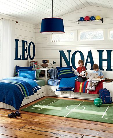 Euro Soccer Bedroom | Pottery Barn Kids- ROOM ARRANGEMENT FOR SMALL BEDROOM. Soccer Themed Room, Soccer Bedroom, Shared Boys Rooms, Boys Shared Bedroom, Kids Shared Bedroom, Shared Kids Room, Shared Bedroom, Shared Room, Twins Room