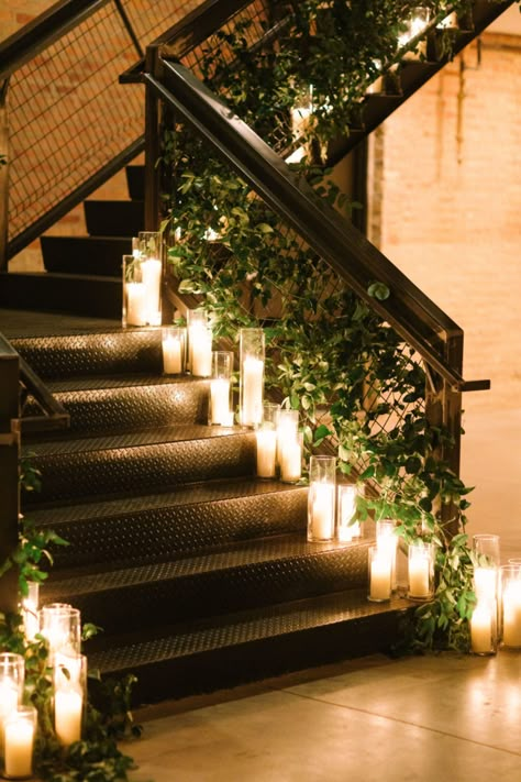 Fall Loft Wedding, Staircase Candles Wedding, Candle Entrance Wedding, Indoor Candlelight Wedding, Fall Mansion Wedding Decor, Candle And Flower Wedding Decor, Fairlie Chicago Wedding, Staircase Decoration Wedding, Candles On Stairs Wedding