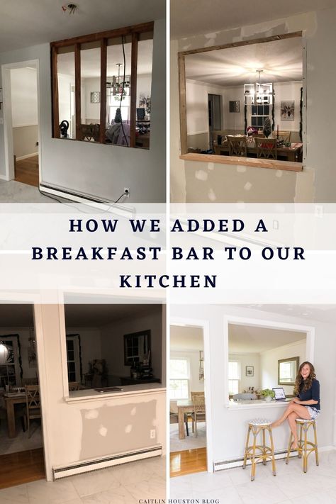 How to Add a Breakfast Bar to Kitchen - Read all about Knocking Down the Wall Between Kitchen and Dining Room to design a breakfast bar or half wall #breakfastbar #halfwall #homerenovation #diy Kitchen With Half Wall Into Dining Room, Kitchen Design Breakfast Bar, Opening From Kitchen To Living Room, Open Kitchen Half Wall, Open Wall Kitchen Ideas, Add Breakfast Bar To Small Kitchen, Dining Room Breakfast Bar, Kitchen Dining Room Wall Removal, Half Wall Bar Kitchen