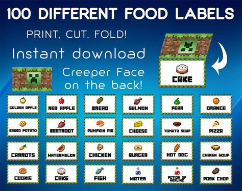 Free+Printable+Minecraft+Food+Labels Minecraft Party Food Labels Free, Minecraft Food Printables Free, Minecraft Food Labels Free, Minecraft Food Printables, Minecraft Food Tent Cards, Minecraft Food Tents, Minecraft Worksheets, Free Printable Food Labels, Minecraft Food Cards