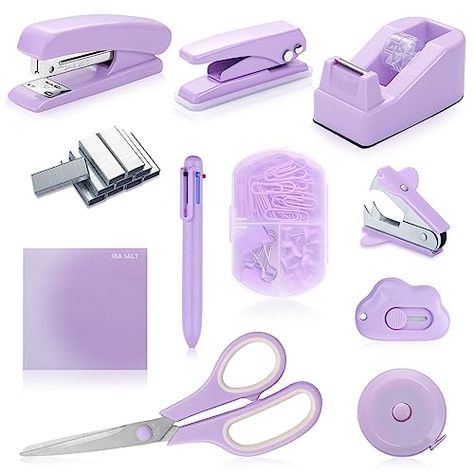 Purple Products, Purple School Supplies, School Supplies Purple, Lilac School Supplies, Aesthetic Purple Stationery, Purple Desk Supplies, Cute Purple Stationary, Pink And Purple School Supplies, Purple Office Supplies