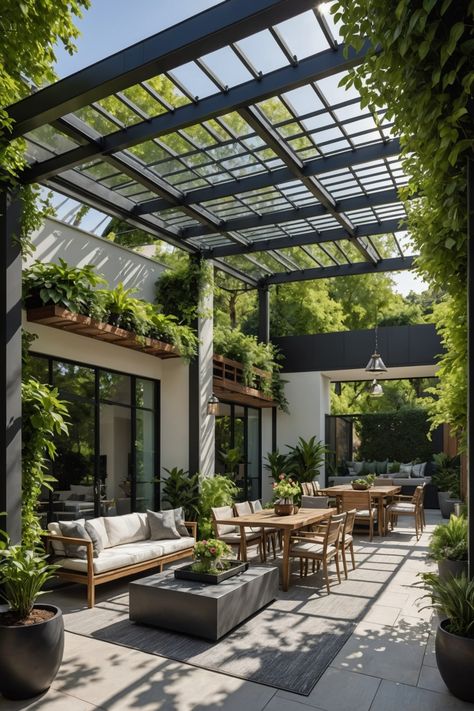 20 Pergola Shade Designs For Backyard – ToolzView Pergola With Polycarbonate Roof, Baguio House, Verandas Ideas Outdoor, Contemporary Pergola, Polycarbonate Roof, Backyard Renovations, Modern Exterior House Designs, Indoor Patio, Terrace Design