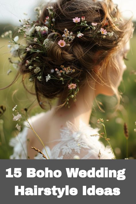 For a boho wedding, hairstyles that emphasize natural beauty are ideal for long hair, medium length, or short hair. From flowing waves with flowers to sophisticated updos that work well with a veil, the options are versatile and enchanting. Adding flowers enhances the bohemian feel, while textured styles create a relaxed elegance perfect for any bride. Bridesmaid Flower In Hair, Wedding Flower Crown For Bride, Flower Bun Hairstyle Wedding Bride, Wedding Hair Updo With Flowers, Short Wedding Hairstyles For Bride, Wedding Hair Up With Flowers, Short Hair Boho Wedding, Up Do Hairstyles Medium Length Hair, Bridal Hair Boho Bohemian Bride