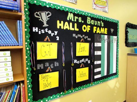 "Hall of Fame" board Football Themed Classroom, Missing Assignments, Teacher Chair, What Am I Missing, Clean Up Song, Hallway Bulletin Boards, Kidney Table, Clean Classroom, Marble Jar