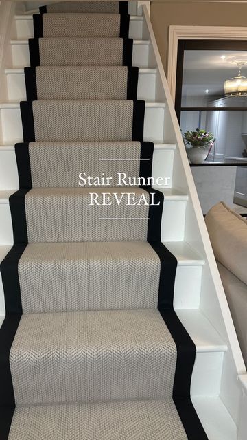 Lucy Corne @homepoppylane on Instagram: "Stair Runner Reveal 🙌🏻 Herringbone ✔️ Neutral ✔️ Contrast Edge ✔️ I am absolutely obsessed 🤩 Huge thank you to @floor.street for suppling and fitting this gorgeous work of art! This runner is the Wool Herringbone Carpet in the colour Chartwell and with HOMEPOPPYLANE you can get 15% off your order of any flooring or carpet @floor.street AD #carpetrunner #stairrunner #staircarpet #herringbonecarpet #stairpanelling #staircases #stairrunnerinspo #stair Herringbone Carpet Runner, Carpet Runner On Stairs With Turn, Staircase Ideas Carpeted Runner, Herringbone Runner Stairs, Cream Stair Runner, Carpet Runner On Stairs With Landing, Herringbone Carpet Stairs, Wood Stairs With Carpet Runner, Neutral Stair Runner