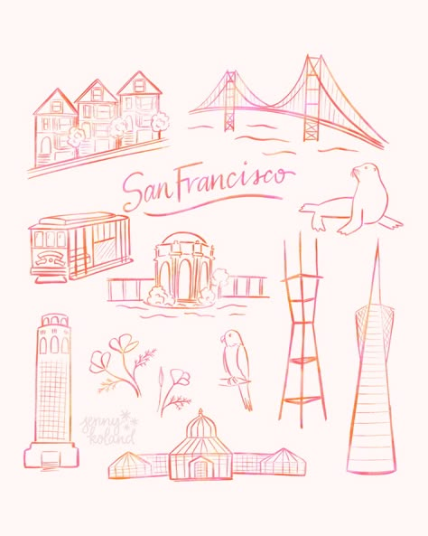 California Drawing Ideas, San Francisco Illustration Art, San Francisco Doodle, San Francisco Skyline Tattoo, California Doodle, San Francisco Tattoo Ideas, San Francisco Sketch, San Francisco Drawing, San Francisco Illustration