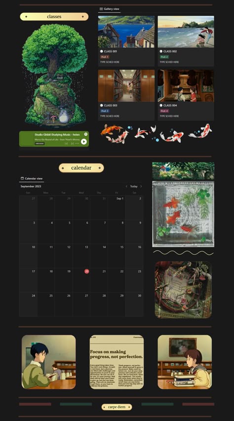 Studio Ghibli Notion, Dark Academia Notion, Ghibli Notion, Study Planner Free, Student Dashboard, Dark Academia Wallpaper, Life Planner Organization, Academia Wallpaper, Templates Free Design