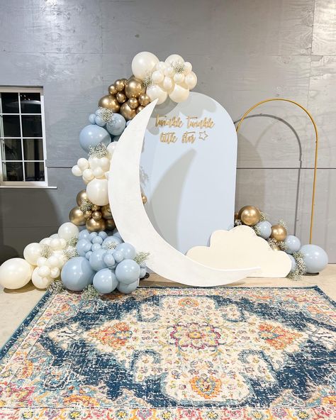 Over The Moon Balloon Garland, Dusty Blue And Gold Balloon Garland, Over The Moon Balloon Arch, Dusty Blue Balloon Garland, Cloud Theme Balloon Arch, Light Blue And Gold Balloon Garland, Moon Balloon Garland, Bridal Shower Balloon Arch Dusty Blue, Moon Backdrop With Balloons