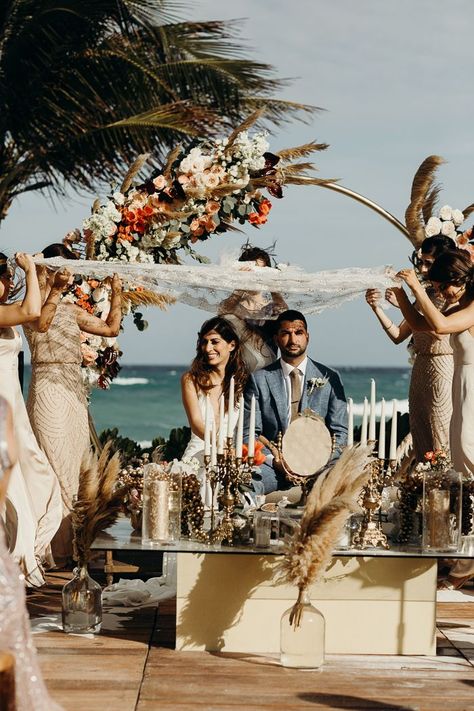 Persian ceremony at Tulum beach wedding | Image by Memory Box Photography Wedding In Beach, Beach Indian Wedding Decor, Beach Wedding Pampas, Tulum Jungle Wedding, Indian Wedding Beach Ceremony, Middle Eastern Wedding, Akiin Tulum Wedding, Eastern Wedding, Boho Wedding Ceremony