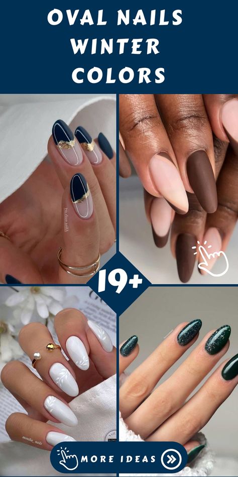 Get your nails winter-ready with stylish oval shapes and trendy colors! Elevate your manicure look with shades like cozy plum, cool teal, soft mauve, and chic navy. Embrace velvety textures and metallic finishes to reflect the sophisticated vibes of the season. Stay on-trend and keep your nail game strong this winter! Matte Nails With Glitter Accent, Winter Nail Extensions, January Nail Inspiration, Fun Winter Nail Designs, Oval Nails Winter, White Oval Nails, Black Chrome Nails, Festive Holiday Nails, Oval Shaped Nails