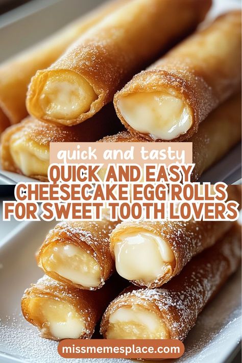 Satisfy your sweet tooth with this quick and easy Cheesecake Egg Rolls Recipe! These delightful treats combine the classic flavor of cheesecake with the crispy texture of fried egg rolls. With simple ingredients and straightforward steps, you can whip these up in no time! Whether for a special occasion or just because, these egg rolls are sure to impress. Pair them with chocolate or caramel sauce for an extra layer of flavor that will leave your guests asking for the recipe! Recipe Using Egg Roll Wrappers, Easy Egg Rolls Simple, Easy Egg Roll Recipes Simple, Desert Egg Roll Recipes, Sweet Eggrolls, Cheesecake Egg Rolls Recipe, Sweet Egg Rolls, Asian Deserts Recipe, Voodoo Egg Rolls Recipe