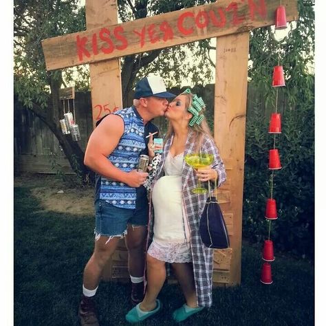 Trailer Park Birthday Party, Hill Billy Costume, Trashy Costume, White Trash Couple Costume, White Trash Party Outfits Couples, Hill Billy Party, Trailer Trash Costume, White Trash Womens Costume, Trailer Park Trash Costume