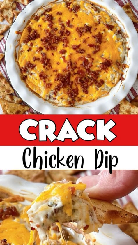 Delight your taste buds with a comforting and irresistible Warm Crack Chicken Dip. This cheesy and creamy dip is packed with tender chicken, crispy bacon, and a blend of flavorful seasonings. Perfectly melty and served hot, it's the ultimate appetizer that will leave everyone coming back for more. This dip is sure to be a crowd favorite. Serve it with toasted baguette slices, tortilla chips, or crunchy veggies for a deliciously satisfying treat. Chicken Cheese Dip, Spicy Buffalo Chicken Dip, Bacon Ranch Dip, Panini Recipes Chicken, Chicken Dip Recipe, Bacon Dip, Chicken Dip, Chicken Dips, Chicken Bacon Ranch