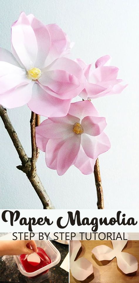 Waxed Paper Magnolia Branch Tutorial Magnolia Crafts, Paper Magnolia, Diy Paper Flowers Tutorial, Flowers Paper Craft, Japanese Magnolia, Origami Paper Craft, Magnolia Branch, Make Paper Flowers, Easy Paper Flowers