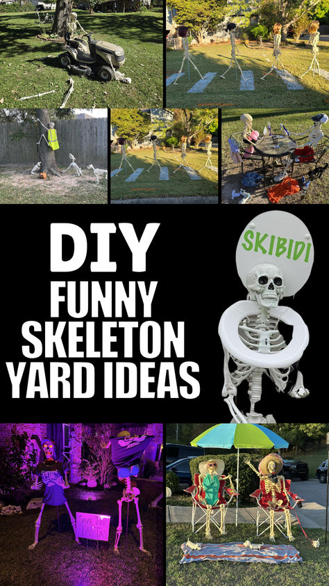 Looking to add some humor to your outdoor Halloween decorations? Check out these hilarious skeleton yard ideas! From funny poses to creative DIY setups, your neighbors will love these spooky yet playful Halloween yard decorations. Perfect for those who love skeleton decorations outdoor and want to make their yard a hit this spooky season! #HalloweenSkeletonsYardFunny #DIYHalloweenDecorations #SkeletonDecorationsOutdoor #HalloweenYardDecorations Halloween Skeleton Decorations Outdoor Ideas, Skeleton Front Yard Decor, Skeleton Posing Ideas, Outdoor Skeleton Ideas, Skeleton Decorations Outdoor Funny, Funny Skeleton Poses Halloween, Halloween Skeletons Yard Funny, Skeleton Displays For Halloween, Skeleton Yard Scenes