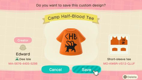 Percy Jackson Animal Crossing, Camp Half Blood Shirt, Blood Shirt, Acnh Clothes, Design Camp, House Funny, Acnh Designs, Animal Crossing Qr Codes Clothes, Acnh Ideas