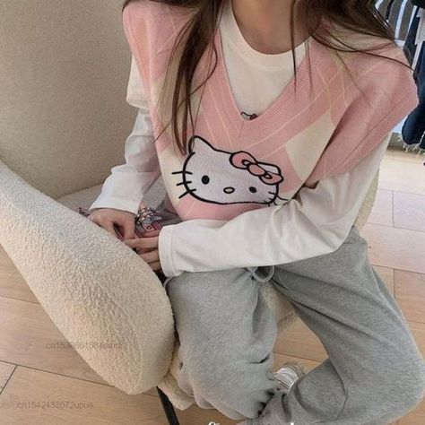 Kawaii Hello Kitty, White T Shirts, Cute Kitty, Knitted Vest, Kawaii Cat, Soft Sweater, Softest Sweater, Knit Vest, Spring Season