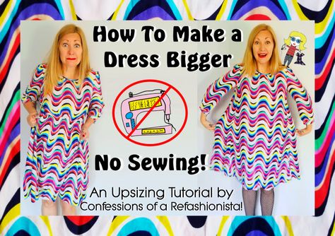 Grab a too tight frock (or top) with an elastic waist and find out how to make a dress bigger without sewing – also includes my quick armhole upsizing technique too! How To Make A Dress Bigger On The Sides, Make Sleeves Bigger, Make Dress Bigger, How To Make A Dress Bigger, Make A Dress Bigger, Diy Dress Refashion, Dyi Dress, Upcycle Dress, Dress Makeover