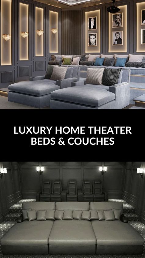 Redefine comfort and style with luxury home theater beds and couches, perfect for creating the ultimate home cinema experience. These theater seating options combine plush elegance with innovative design, making them an ideal choice for luxury interior design enthusiasts. Transform your entertainment space into a sophisticated retreat where relaxation meets cinematic brilliance. Luxury Theater Room, Small Home Theater Ideas, Luxury Theater, Theater Couches, Luxury Home Theater, Small Home Theater, Home Theater Ideas, Home Movie Theater, Theatre Inspiration