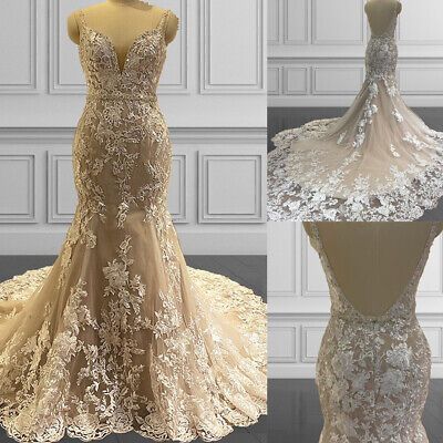 Wedding Dresses Champagne Color, Champaign Wedding Dresses, White And Gold Wedding Dress, Tan Wedding Dress, Wedding Dresses Deep V Neck, Wedding Dresses Deep V, Gold Lace Wedding Dress, Wedding Dresses Backless, Backless Mermaid Wedding Dresses