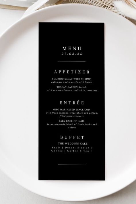 Minimalist Wedding Menu in black Black Menu Card Design, Black And White Wedding Menu Design, Wedding Stationery Black And White, Black Tie Wedding Signage, Chic Menu Design, Black Wedding Stationary, Black And White Menu Design, Black Menu Wedding, Black And White Wedding Stationery