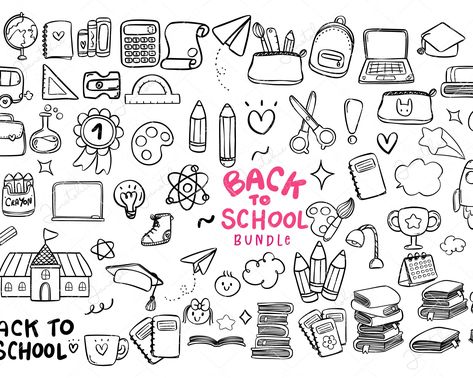 "Prepare for a delightful back-to-school experience with our adorable \"Cute Back to School\" SVG bundle! This hand-drawn set includes charming school supplies and education-themed doodles that will make learning fun. Perfect for teachers, students, and anyone who loves cute designs. 🎨 Unique Hand-Drawn Designs - Each doodle is lovingly crafted for a charming, one-of-a-kind look. 📚 Back to School Essentials - Get everything you need for a successful school year in one bundle. 🖌️ Versatile SVG School Supplies Black And White, Easy School Doodles, Cute School Drawing, Back To School Drawings Easy, Cute School Doodles, Back To School Doodles Easy, Back To School Drawing Ideas, School Doodles Aesthetic, Back To School Drawings