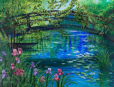 Bridge over peaceful waters - Matt Starr Fine Art Pond Painting, Bridge Painting, Claude Monet Art, Bridge Art, Lake Painting, Scenery Paintings, Art Contest, Iris Flowers, A Bridge