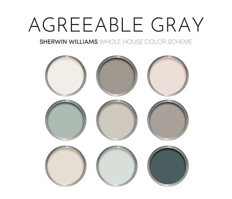 This listing is for an Agreeable Gray paint palette, created with Sherwin Williams paint colors. I have carefully selected a range of 9 colors for this palette, and included options for walls, trim, furniture, cabinets and doors.  Sherwin Williams has hundreds of paint colors, each with their own unique undertones. This can make choosing the right paint colors hard. The colors in this collection were carefully selected to coordinate with each other - this makes choosing the right paint colors a Agreeable Grey Color Scheme, Grey Paint Palette, Interior Design Color Palette, Sherwin Williams Greige, Anew Gray Sherwin Williams, Gray Sherwin Williams, Neutral Interior Paint Colors, Design Color Palette, Agreeable Gray Sherwin Williams