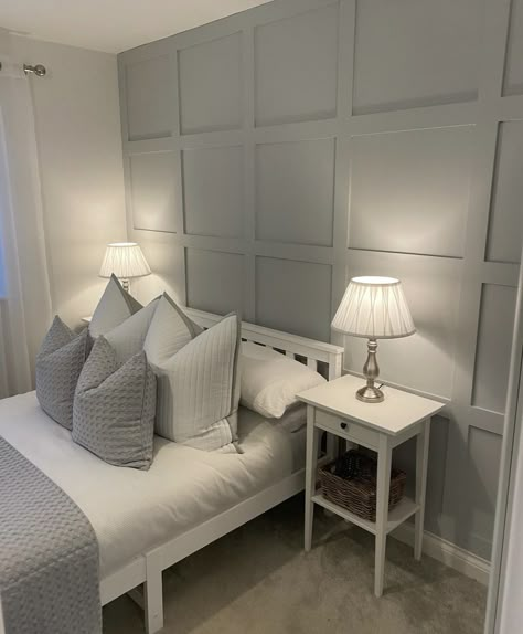 Cream Bedroom With Panelling, Full Panelled Walls Bedroom, Panelling On Bedroom Wall, Headboard Wall Panelling, Cream Wall Panelling Bedroom, Panelled Wallpaper Bedroom, Grey Bedroom Panelling, Panel Wallpaper Bedroom, Wall Pannel Ideas Bedroom