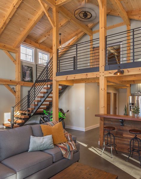 Settlement Post & Beam | Gallery Timber Frame Interior, Barn House Interior, Black Barndominium, Barn Loft, Pole Barn House Plans, Timber Frame Homes, Barn Style House, Metal Building Homes, Pole Barn Homes