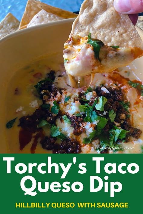 Taco Meat Queso Dip, Skillet Queso With Cream Cheese, Hillbilly Queso Recipe, Meatless Queso Dip, Best Queso Dip With Meat, Torchy’s Queso, Torchy's Hillbilly Queso Recipe, Torchys Queso Recipe Copycat, Spicy Cowboy Queso Dip