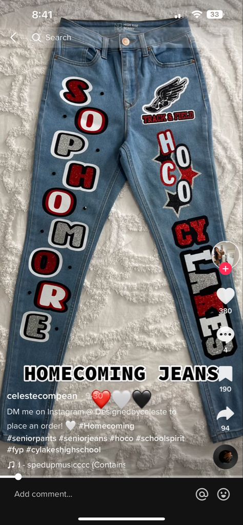 Class Of 2026 Painted Jeans, Sophmore Hoco Pants, Painting Pants For Homecoming, Junior Pants Ideas, Spirit Jeans Homecoming Freshman, Sophomore Hoco Jeans, Spirit Week Pants Ideas, Homecoming Jeans Ideas Juniors, Homecoming Game Outfits High School