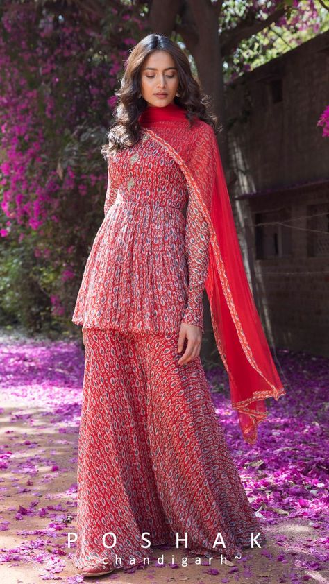 Sharara Suit by Poshak Chandigarh Peplum Sharara, Printed Sharara, Sharara Designs, Casual Indian Fashion, Sharara Suit, Traditional Indian Outfits, Kurti Designs Party Wear, Ghagra Choli, Designer Party Wear Dresses